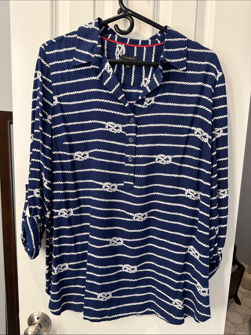 Talbots Navy and White Rope-Print Button Front Shirt